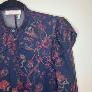 Chloe Silk Floral Print Pleated Button Up Blouse Navy Sz 36 (small)